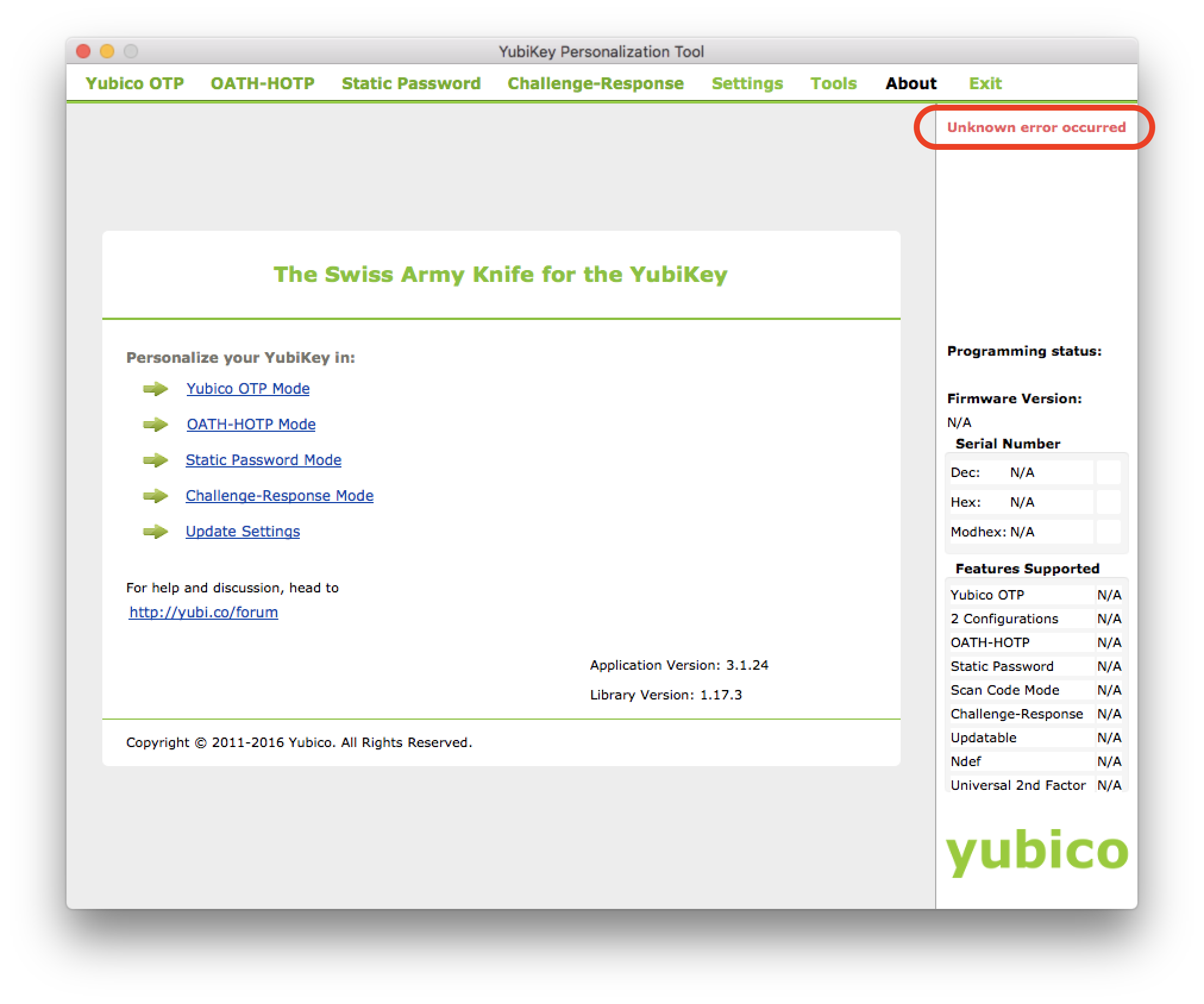 YubiKey Personalization Tool Error